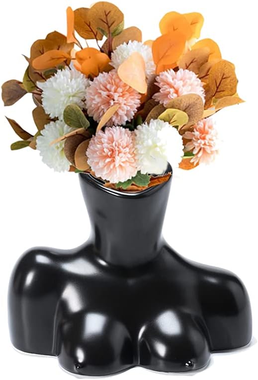OIUT Curvaceous Female Form Bud Vase, Human Body Vase ,Ceramic Female Sculpture Vase Minimalist Flower Arrangement Table Decoration for Home / Office (Black Upper Body Vase)