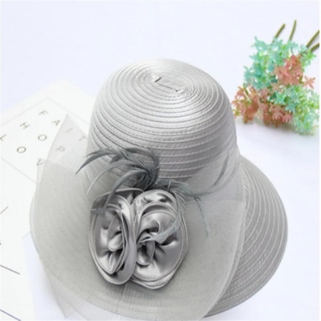 Yeuyyben Cappello da sole da donna, alla moda, estivo, in organza, a tesa larga, con nastro floreale