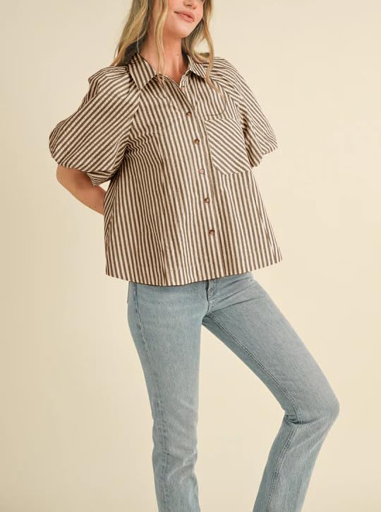 Women's Striped Button Down Shirt Puff Sleeve Collared V Neck Loose Casual Dressy Blouse Top - Image 2