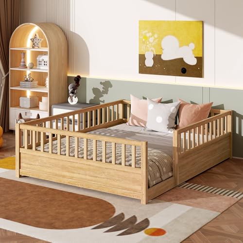 Bellemave Queen Floor Bed Frame with 21.4 High Fence Solid Wood Queen Montessori Floor Bed for Kids Low to Ground Full Enclosure Platform Beds No Box Spring Needed Natural