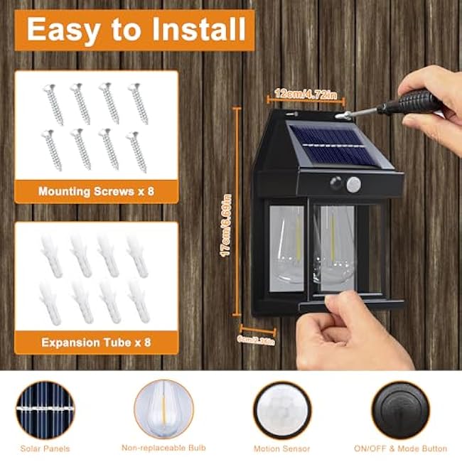 Outdoor Solar Wall Lights - 2 Pack Solar Waterproof Brighter Porch Wall Square Lights with 3 Modes & Motion Sensor Front Fence Lantern Lights for Outside,Backyard,Garage Decorative