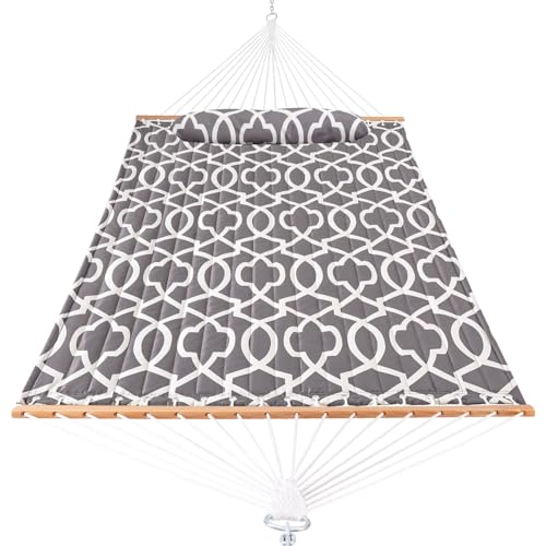Lazy Daze Hammocks 12FT Quilted Fabric Hammock with Pillow, Double 2 Person Hammock with Spreader Bar for Outdoor Outside Patio Garden Yard HMQF-001GF Floral Gray