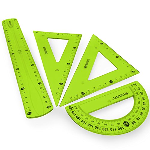 Westcott Lot de 4 règles flexibles translucides incassables avec règle de 30 cm, 2 équerres et rapporteur Vert