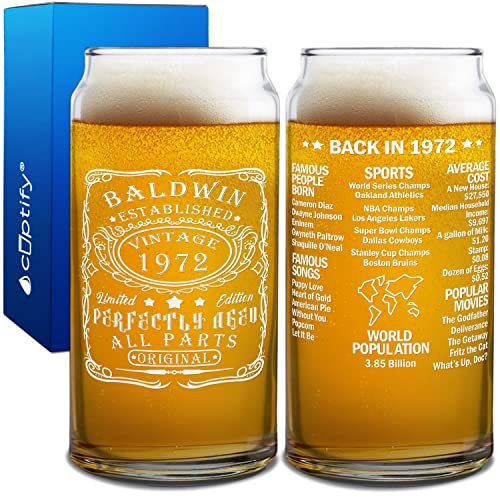 Personalized Beer Glass 53rd Birthday Gift for Men and Women Perfectly Aged 53 Years Old 1972 Year in Review Vintage Etched Customized Gift 20 oz Can Drinking Glasses