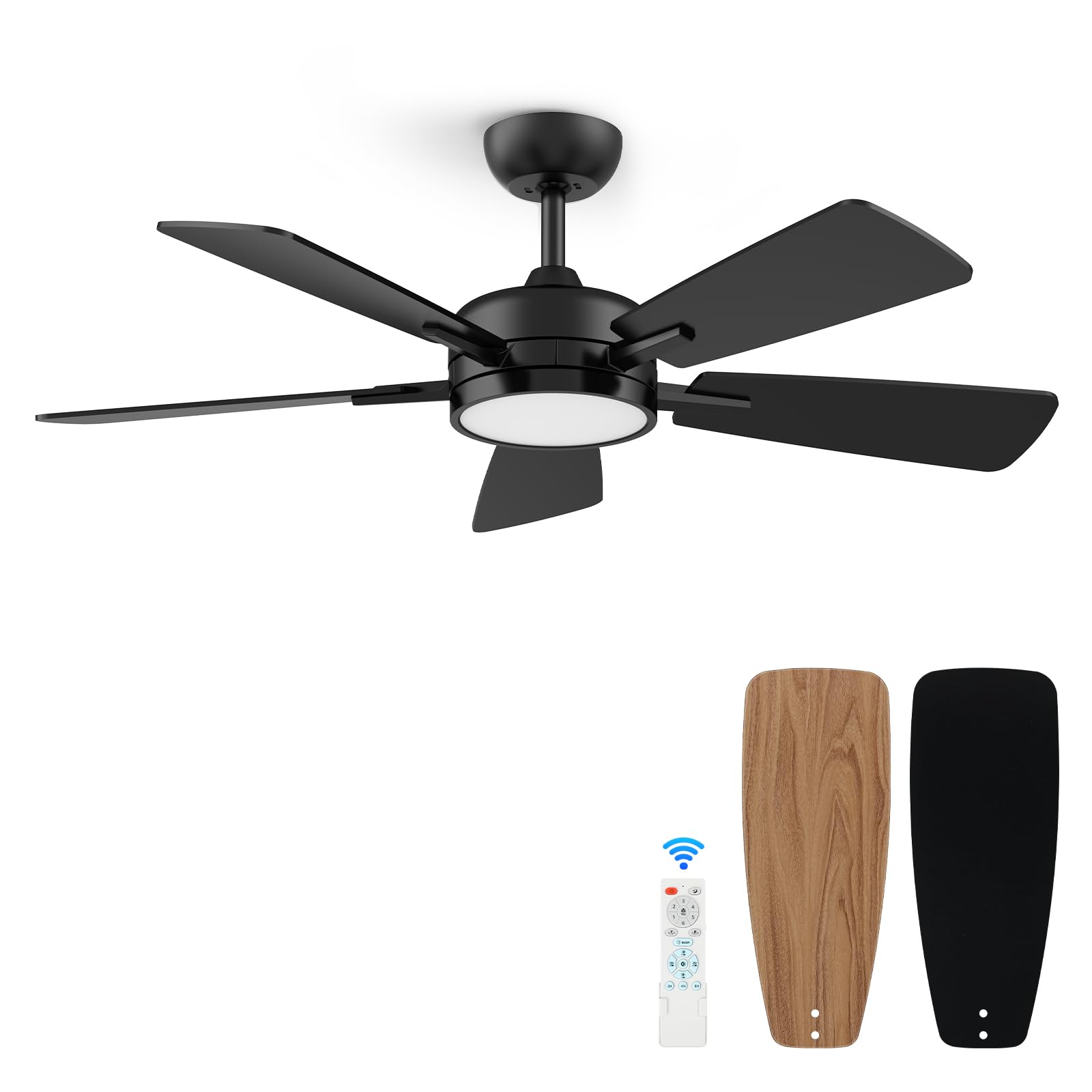 ocioc 46 Inch Ceiling Fans with Lights, Large Air Volume Ceiling Fan with Backlight, Ultra Quiet Reversible DC Motor Dimmable with Remote（Black）