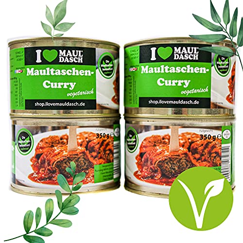 Vegetarische Maultaschen mit fruchtiger Currysoße | 4er Set | Spinat-Ricotta | Soße nach eigener Rezeptur von Mama | Dosengericht original schwäbisch | Fertiggericht für Mikrowelle [4x 350g] Cover