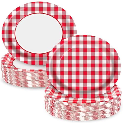 EggSun Red Gingham Oval Paper Plates 10 x 12 Large Disposable Heavy Duty Paper Plates Red and White Buffalo Checked Plaid for Birthday Wedding Bridal Baby Shower Christmas Party Supplies 50 Guests
