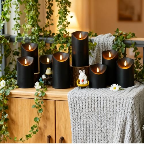 Image of Nimiko Flameless Candles with Remote, Battery Operated Flickering Flameless Candles, LED Candles with Timer 2 /4 /6 /8H, with Realistic LED Candles Set of 24 (D3 x H 3 inch 4 inch 5 inch) (Black)