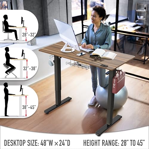 Image of SHW 48-Inch Electric Height Adjustable Standing Desk with Drawer, Memory Preset and Cable Management Tray, Walnut