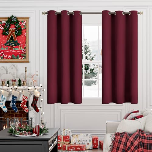 Image of YoungsTex Burgundy Blackout Curtains 45 Inch Long for Bedroom Short Length | Room Darkening Drapes with Grommet for Bathroom Living Room Window, 2 Panels, 42 X 45 Inch