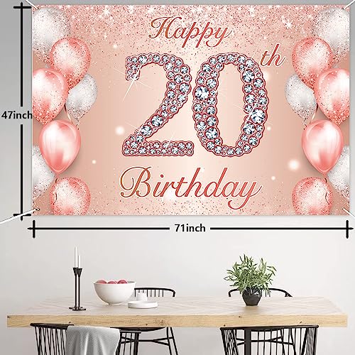 Image of Happy 20th Birthday Rose Gold Banner Cheers to 20 Years Old Backdrop Confetti Balloons Theme Decor for Girls Women 20 Years Old Pink Birthday Party Decorations Bday Supplies Background Gift Glitter