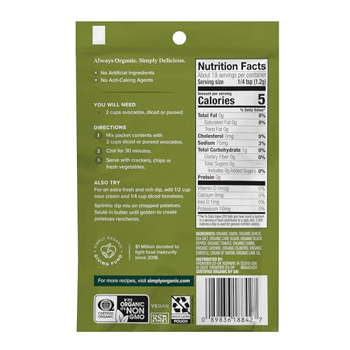 Image of Simply Organic Guacamole Sauce Mix, 4 Ounce Pouch, Just Add Avocados for Zesty, Robust and Creamy Guacamole (Pack of 6)