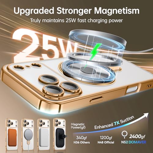 Image of DOMAVER Magnetic Case for iPhone 17 Pro, [Compatible with MagSafe] Military Drop Protection Cover with Invisible Stand [Full Camera Protection] Slim Shockproof Case for iPhone 17 Pro 6.3'', Gold