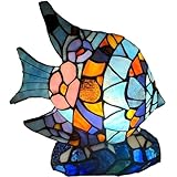 Bieye L33010 - Lampada da tavolo Tiffany con motivo pesce in vetro colorato per decorazione della casa (pesce imperatore blu)