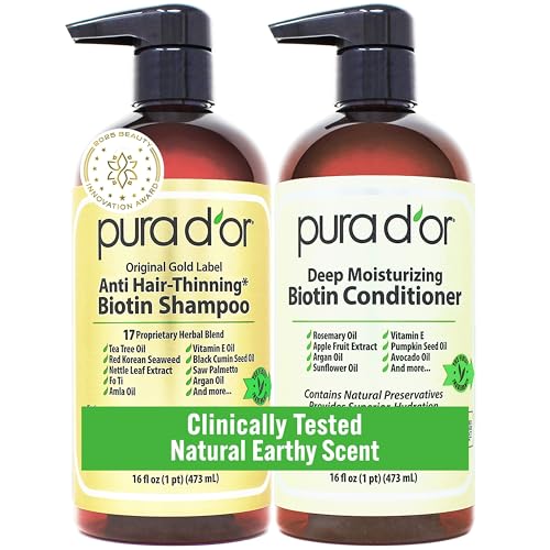 PURA D'OR Anti-Thinning Biotin Shampoo and Conditioner Natural Earthy Scent, CLINICALLY TESTED Effective Results, Herbal Blend Thickening Products For Women & Men, Original Gold Label Set, 16oz x2