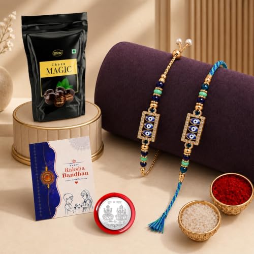 Image of DeoDap Shiv Parvati Design Rakhi Lumba Bhabhi Set of 5 with Chocolate, Silver Pooja Coin, Greeting Card, Lumba Rakhi for Bhabhi - Rakhi Gift for Bhai & Bhabhi