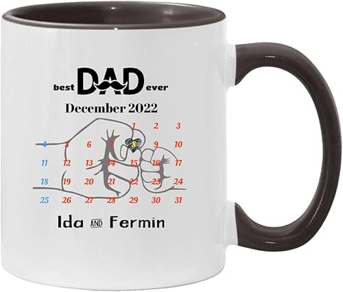 Día del Padre, regalo de cumpleaños para papá taza de hijo/hija - Taza con calendario Best Dad Ever Ida & Fermin con fecha: 12/8/2022 - Taza negra