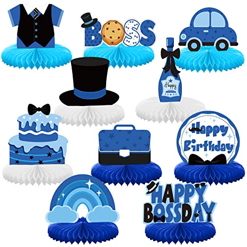 SATINIOR 10 Pcs Boy Table Centerpieces Boss Party Decorations Happy Birthday Boys Leader Blue Honeycomb Centerpieces Boss Cake Topper for Shower Newborn Day Party Supplies