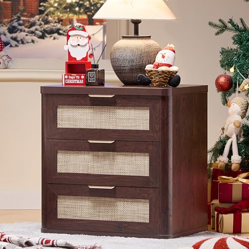Image of LEYAOYAO Rattan 23 inch Nightstands with Drawers for Bedroom | Gold Metal Handle, Storage Shelf, Walnut Night Stand, Boho Bedside Table, Bed Side End Tables Living Room, Hallway