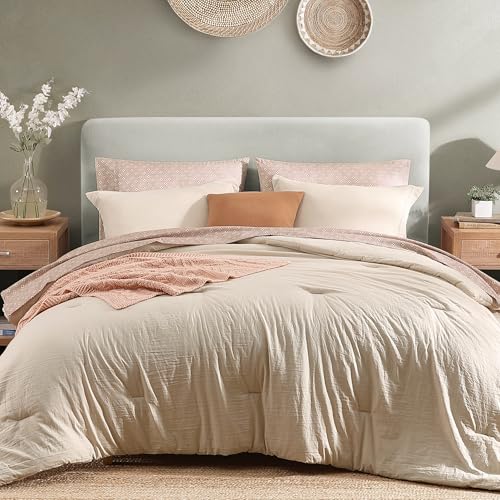 Monbix Full Size Comforter Set - 7 Pieces Beige Prewashed Bed in a Bag Full Bedding Sets with Comforters, All Seasons Ultra Soft Comforter Bed Set with Sheets,Pillowcases & Shams