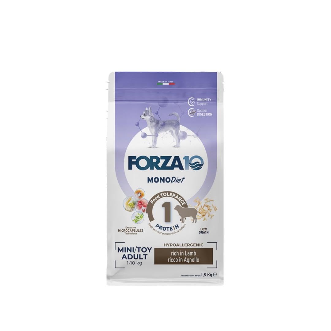 Forza 10 Perro pequeño/Mini Adult Mono sabor cordero alimento completo monoproteico para perros adultos de talla pequeña, hipoalergénico, paquete de 1,5 kg.