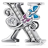Abalorio de mariposa con inicial de plata para pulseras Pandora, personalizable, regalos para mujer, Esmalte, Circonita cúbica