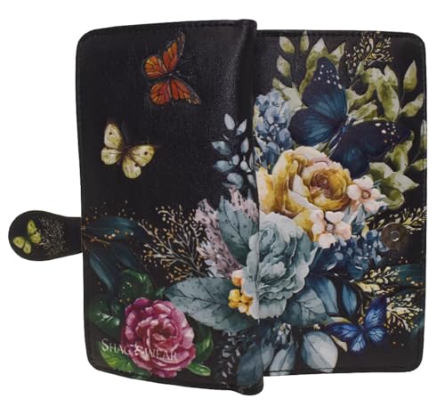 Shag Wear Floral Butterflies Large Insect Wallet for Women and Teen Girls Vegan Faux Leather Black 7"3