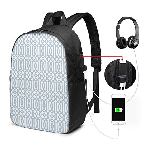 USB Backpack 17 Inches Laptop Backpack for Travel School Business Shoulder Bag Lightweight Daypack Arabesque Blue Wedgewood