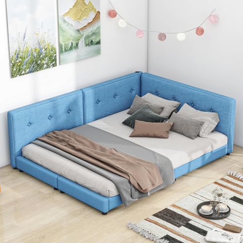 Image of Queen Size Floor Bed Frame Toddler,with Slatted Support & USB Charging Port Platform Bed,Solid Wood Upholstered Sofa Bed for Living Room, Bedroom,Recreation Room,No Box Spring Needed (Queen)