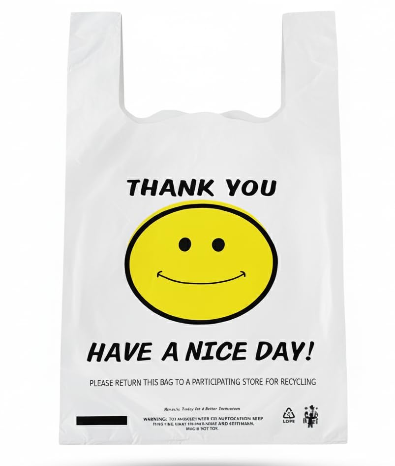 Popular Shop Stop Large Happy Smiley Face T-shirt Plastic Shopping/Take Out Bags 350 pcs