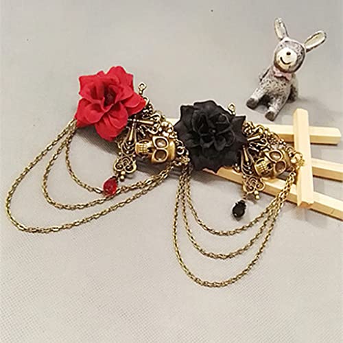Vintage Punk Rose Hair Clip Skull Cross Long Chain Brooch Pin Gothic Lolita Headpiece For Halloween Costume Hair Accessories #TOP2