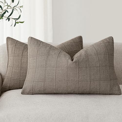 Image of Foindtower Set of 2 Decorative Linen Check Throw Pillow Covers Neutral Farmhouse Lumbar Cushion Covers Modern Boho Home Decor for Sofa Chair Couch Bedroom Living Room,12x20 Inch,Tan Taupe