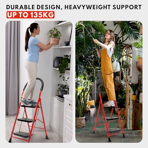 Image of Zolmix Premium Steel Ladder, Stairs for Home, Foldable 3 Step Ladder, Sidi, Safety Clutch Lock, Anti Slip Steps, Knee Guard, Firm Grip, Anti Skid, Durable, Heavy Duty, Lader 5 Years Warranty - Red