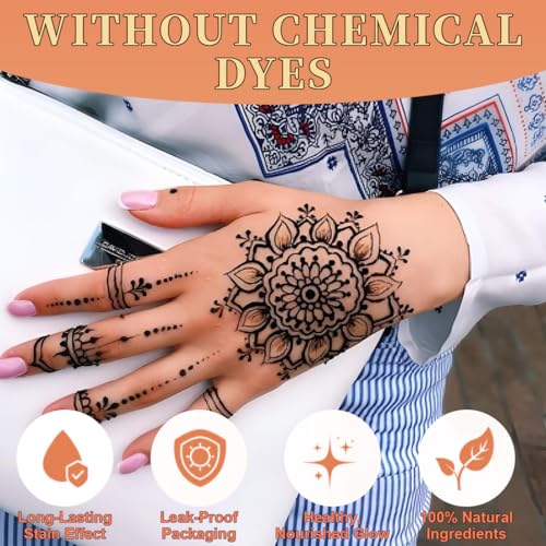 NHPY 4 Stück Hen_na Tattoo Schwarz,Temporäre Tattoos+30 Hen_na Tattoo Schablone,Temporäre Mehndi Tattoos,Natürliche Kegel,Tattoo Sticker,Temporäre Tätowierung Schwarz,Tattoo Farbe Schwarz