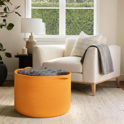 Image of MEGASKET Extra Large 115L Orange Basket, 23.6 inchx15.7 inch Woven Cotton Rope Bins for Blankets, XXXL Baby Nursery Laundry Towel Basket, Oversized Kids Dog Toy Storage Box, Orange Living Room Decor Organizer