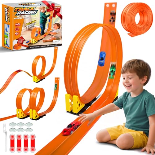 Flexible Race Track Toys for Kids: 15 Ft Rolls Up DIY Racetrack with 4 Cars & 10 Suction Cups - Compatible with Hot Wheels and Diecast 1/64th Cars - Birthday Gifts for Age 3-8 Years Old Boys Girls