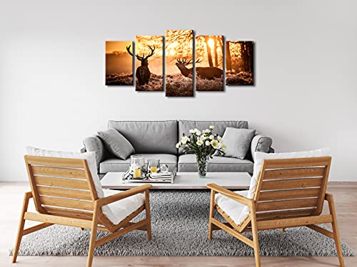 Pyradecor Brown Canvas Prints Wall Art Deer Elks In Autumn Sunset Forest Pictures Paintings For Living Room Bedroom Kitchen Home Decorations 5 Piece Modern Giclee Animal Scenery Landscape Artwork #TOP1