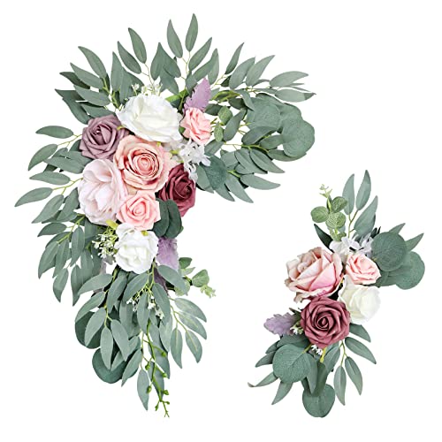 BOICXM Paquete de 2 guirnaldas de rosas artificiales, arco de boda con flores de rosas y hojas de eucalipto, kit de flores de arco de boda para decoración de pared de arco de boda Cover