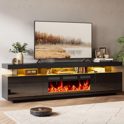 70 Floating Fireplace TV Stand with 36 Crystal Electric Fireplace LED Entertainment Center for TVs up to 80 Modern Media Console with Mirrored Storage Cabinets for Living Room Black TV Console