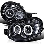 Spec-D Tuning LED Dual Halo Projector Smoked Lens Headlights Glossy Black Housing Compatible with 2003-2005 Dodge Neon Left + Right Pair Headlamps Assembly