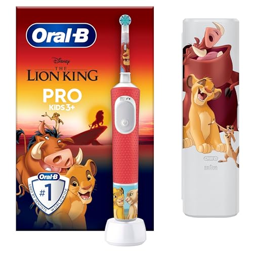 Oral-B Pro Kids König der Löwen Elektrische Zahnbürste Kinder — Electric Toothbrush für Kinder ab 3 Jahren Inkl. Extra Weiche Borsten, Aufsteckbürste, Reise-etui, 2 Putzmodi für Zahnpflege — Weiß/Rot