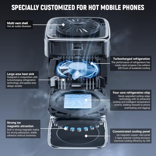 Image of Verilux Phone Cooler LED Magnetic Cell Phone Cooler with Detachable Clips LCD Digital Display Gaming Phone Cooler Silent Phone Cooler USB Rechargeable Phone Cooler for Gaming, Livestreaming