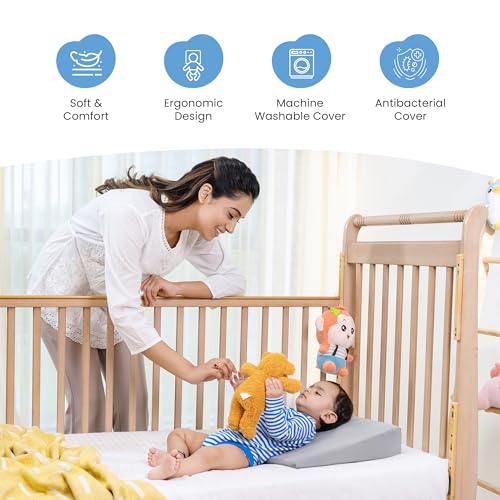 Image of Cherilo Half Size Elevated Wedge Pillow for Baby Crib & Mattress, Elevate Baby to Prevent Acid Reflux, Colic, GERD, Heat Burn & Vomiting | 19 inch x 13.5 inch x 3.5 inch | - with Removable Velvet Cover - Grey