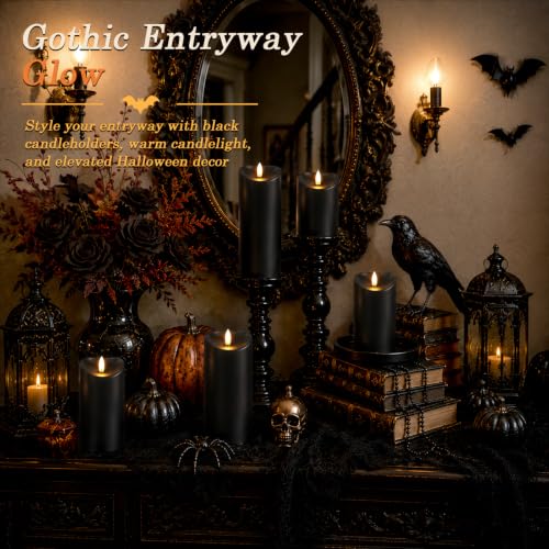 Image of Homemory Halloween Black Waterproof LED Candles with Remote Timer, Set of 6 | Flameless candles, D3 inchxH4 inch /4 inch /5 inch /6 inch /8 inch /8 inch, black plastic shell, indoor outdoor Halloween decor, porch, patio and lantern