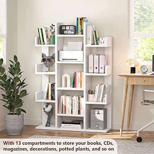 Aheaplus Bookshelf, Tree-Shaped Bookcase Storage Shelf With 13 Compartments, Books Organizer Display Cube Shelves, Industrial Free Floor Standing Wood Open Bookshelves For Home, White #TOP5