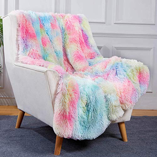 DANGTOP Luxury Faux Fur Throw Blanket, Soft Tie-dye Decoration Blanket, Fluffy Blankets, Lightweight Luxurious Cozy Warm Fluffy Plush Sherpa for Bed Couch Living Room(Rainbow, 59x79 inches)