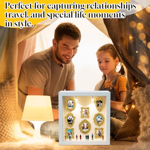 DIY Mini Museum Silhouettenbox mit Licht, Shadow Box Bilderrahmen Set, Museum of us, Foto Erinnerungsanzeige Set mit 8 Mini Goldene Rahmen & 8 Figuren, für Hochzeit,Jubiläum,Geburtstag&Wohndeko
