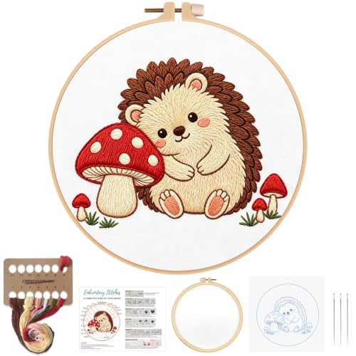 Image of Nuberlic Embroidery Kit for Beginners Stamped Hedgehog Needlepoint | Stamped Animal Embroidery Starter Kit for Adults Complete Cross Stitch Kit Home Decor, Gifts And Relaxing Art