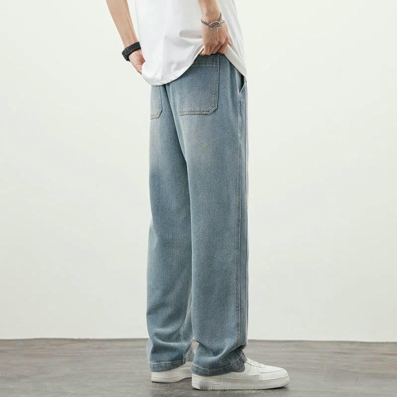 Men’s Casual Loose Fit Wide Leg Denim Pants Drawstring Waist Vintage Baggy Streetwear Jeans Trousers3