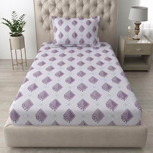 Image of Mafatlal 186 TC Grace Cotton Bedsheet for Single Bed | 90 x 60 Inch | Soft, Breathable & Durable Pure Cotton Fabric | Includes Pillow Cover | Violet Purple